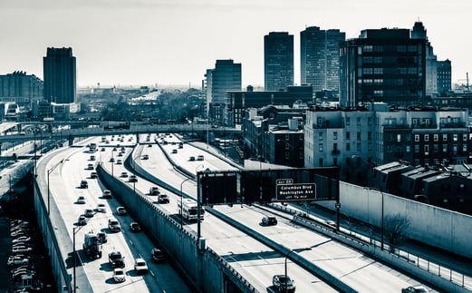 View of the Delaware Expressway from the Ben Franklin Bridge Walkway in Philadelphia, Pennsylvania.